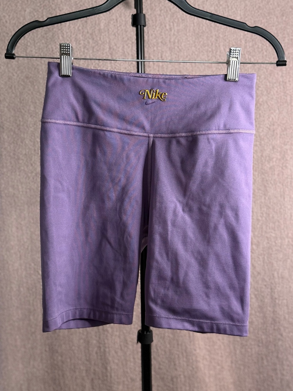 Nike Dri-FIT Purple High Waist Biker Shorts Gold Logo Women’s